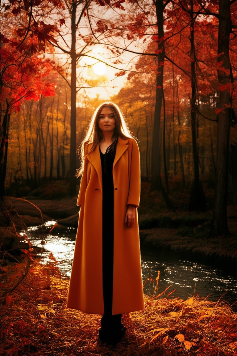 Golden sunlight filters through crimson leaves as a woman stands amidst a rustling autumn forest. Her long coat flows behind her like a river of amber, while her face is aglow with the warmth of the setting sun. The trees tower above, their branches etched against the sky like nature's own brushstrokes.