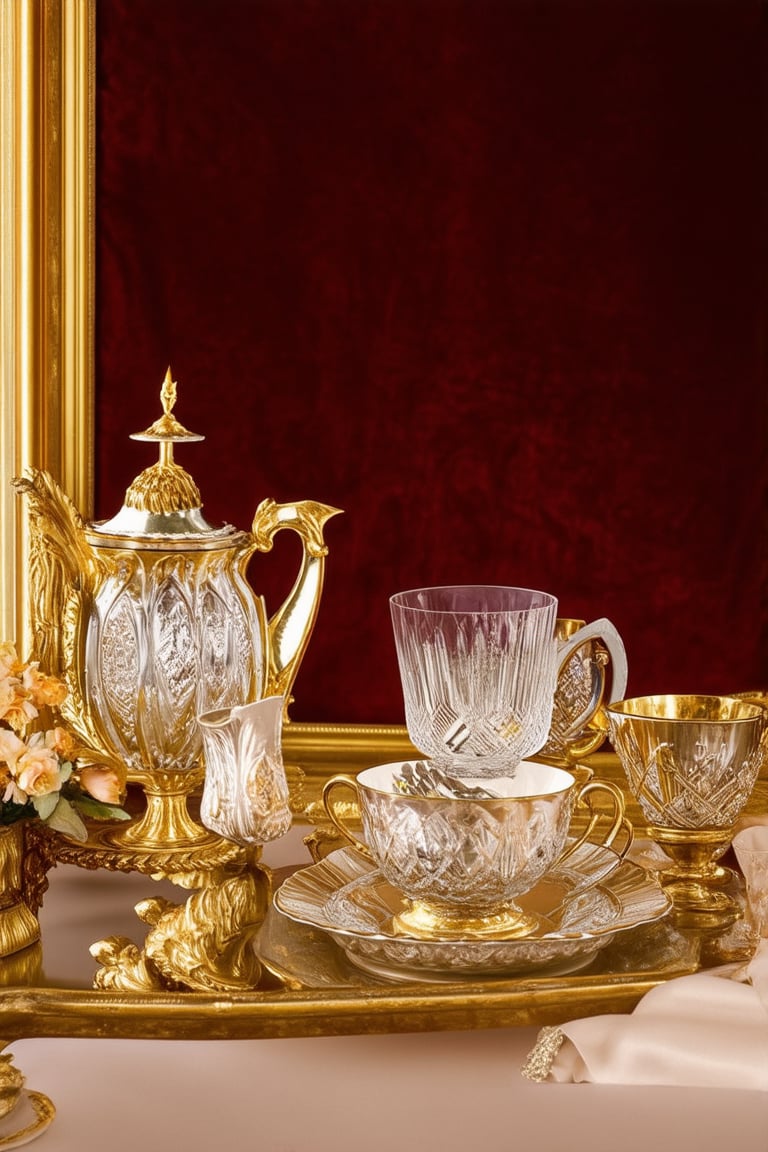 A sumptuous still life setup against a rich velvet backdrop, with a ornate gold frame surrounding a lavish display of fine china and crystal glassware. Soft golden light illuminates the arrangement, casting a warm glow on the delicate patterns and intricate designs.