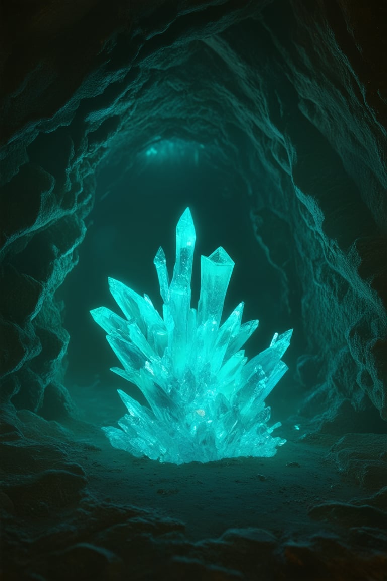 In a mystical, dimly lit cave, a cluster of glowing crystals rises from the ground like ethereal pillars. Soft, blue-green luminescence emanates from their translucent facets, casting an otherworldly glow on the rough, ancient stone walls. The crystals' delicate forms seem to hum with an inner light, as if infused with the essence of the earth.