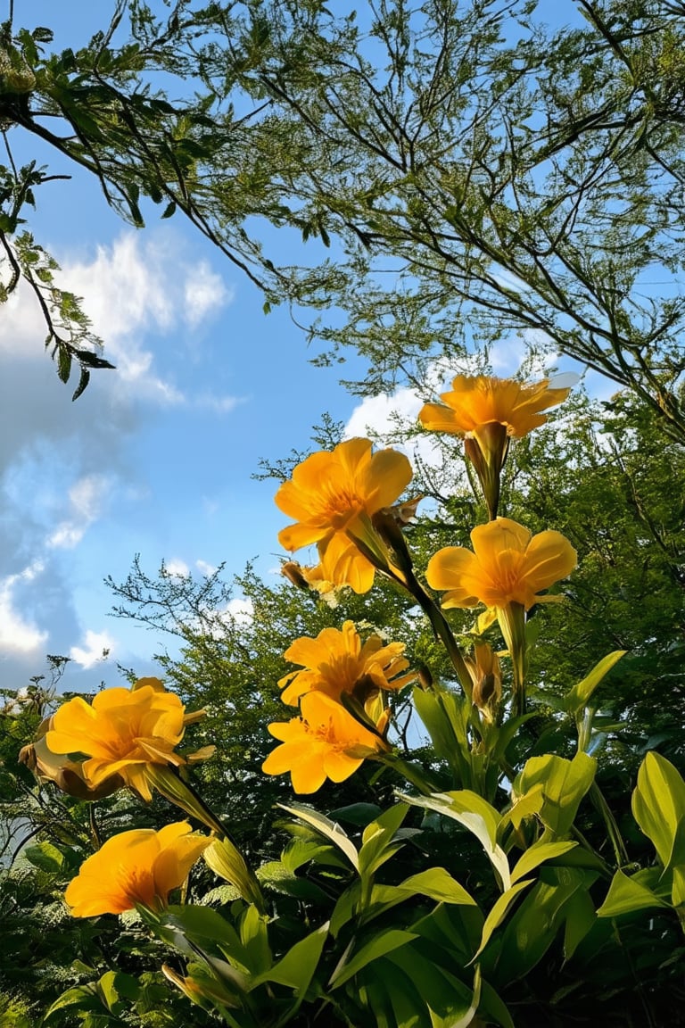 A serene afternoon in a lush Japanese garden, with soft sunlight casting a warm glow on the vibrant yellow petals of the Hakama flowers as they gently sway in the gentle breeze. The camera frames the delicate blooms against a subtle green foliage, with a few wispy clouds drifting lazily across the sky.