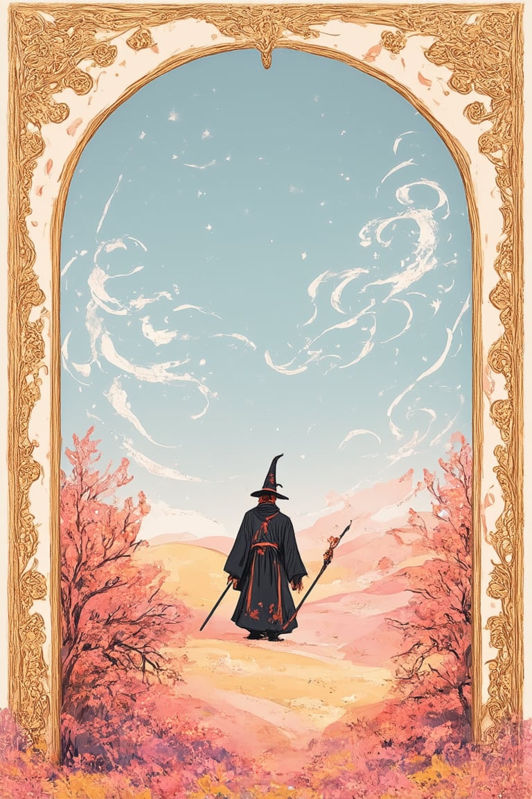 A whimsical illustration of a mystical realm, 'Magical Flat Art' features a dreamy landscape with rolling hills and towering trees in a soft, pastel palette. A lone wizard stands at the edge of a glowing portal, staff in hand, as a wispy mist swirls around him. Framed by a subtle border of golden filigree, the scene radiates an air of enchantment.