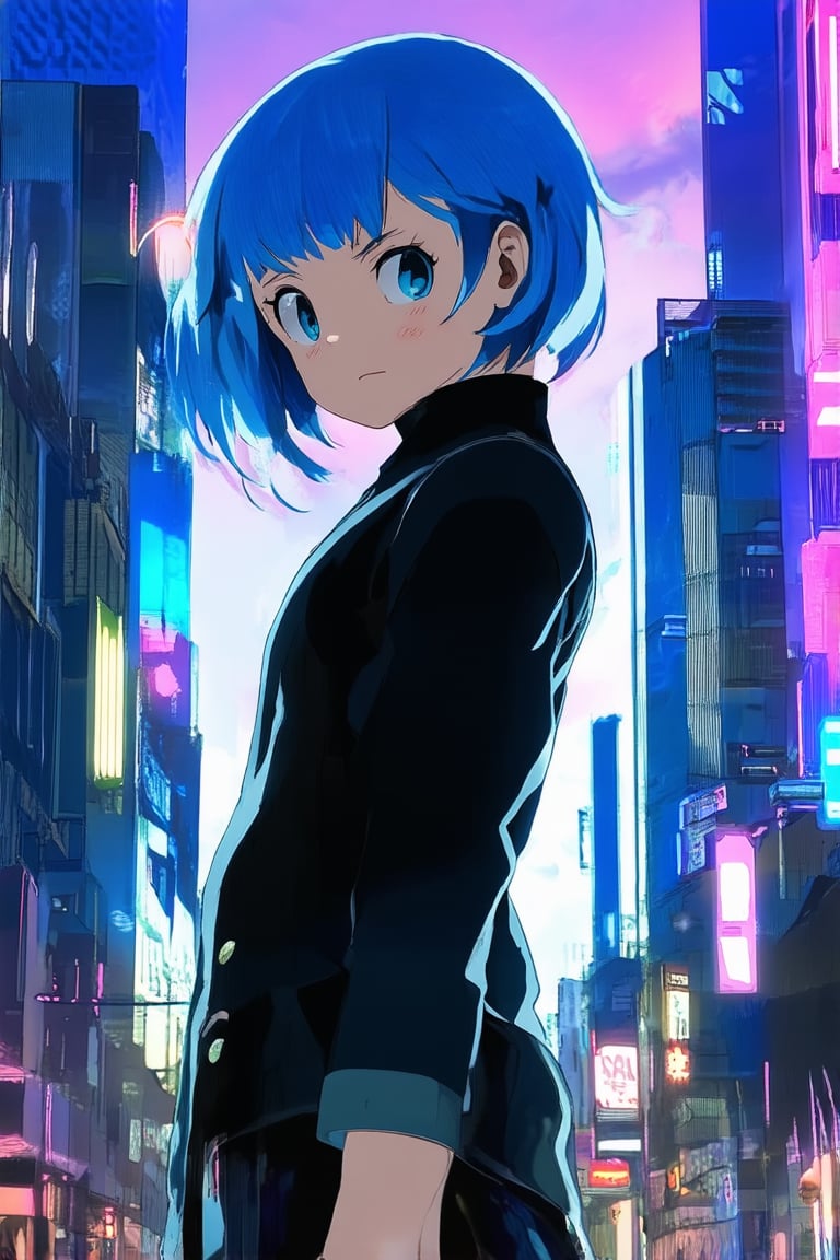 A vibrant anime scene unfolds: a young girl with striking blue hair and determined expression stands confidently in front of a stylized cityscape at dusk. Softly glowing neon lights reflect off her sleek black outfit, as if infused with the energy of the bustling metropolis behind her. The MixStyle aesthetic brings forth a dynamic blend of traditional Japanese imagery and modern digital flair.