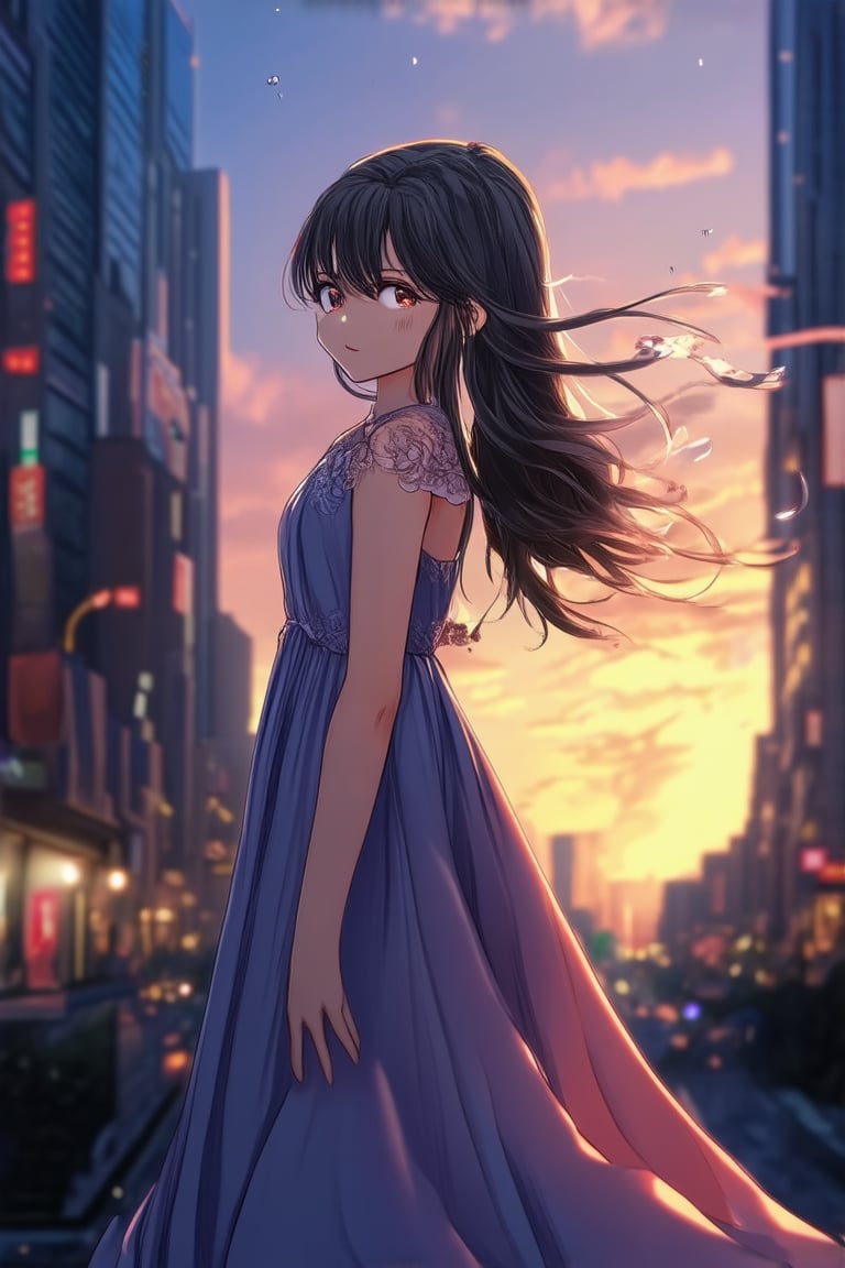 A young girl with striking anime features stands confidently in a vibrant cityscape at sunset. She wears a flowing dress with intricate designs, her long hair blowing gently in the breeze. The camera captures her determined gaze and strong pose against a backdrop of neon-lit skyscrapers and bustling streets, with warm orange hues illuminating her figure.