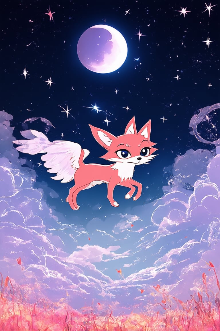 A whimsical flat art illustration! A mystical realm unfolds before us, where mythical creatures frolic amidst swirling clouds of iridescent mist. Soft, luminescent light emanates from a crescent moon, casting an ethereal glow on the dreamlike landscape. In the foreground, a fantastical fox with wings as delicate as silk gossamer perches upon a wispy cloud, its eyes shining like stars in the night sky.