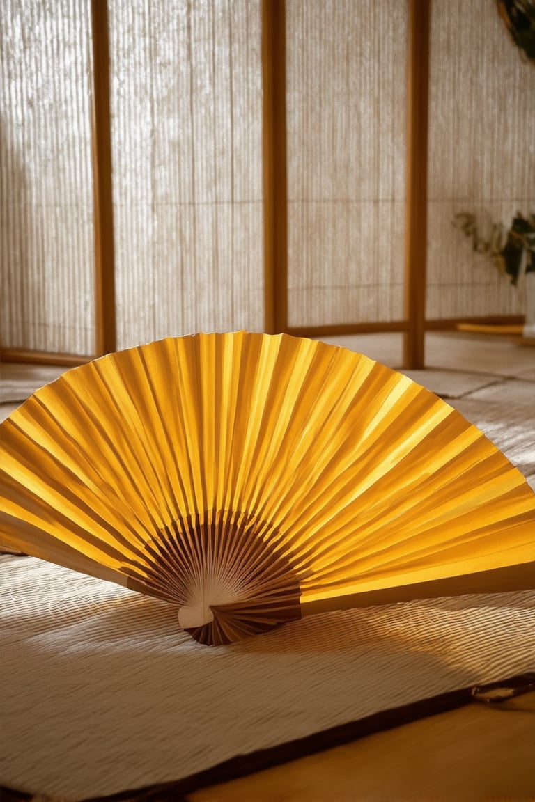 A vibrant yellow Hakame, a traditional Japanese folding fan, lies open on a soft, white tatami mat, its delicate wooden slats and intricate lacquerwork illuminated by warm, golden natural light streaming through a shoji screen. The fan's curved shape mirrors the gentle slope of the room's low ceiling, while its bright color provides a pop of contrast against the serene, muted tones of the traditional Japanese interior.