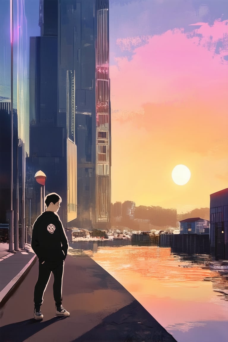 Vibrant anime-style artwork featuring a stunning cityscape at sunset, with sleek skyscrapers and neon lights reflecting off the glassy surface of a calm lake. A lone figure, dressed in trendy streetwear, stands confidently on the waterfront, hands tucked into pockets, as the warm orange glow of the setting sun casts long shadows across the pavement.