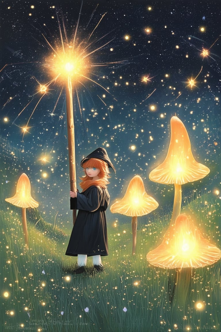 A whimsical illustration of a young wizard standing in a lush meadow, surrounded by sparkling fireflies and glowing mushrooms, with a staff in hand emitting a warm golden light that illuminates the magical aura. The wizard's eyes sparkle with wonder as they gaze up at the starry night sky, where shooting stars streak across the canvas.