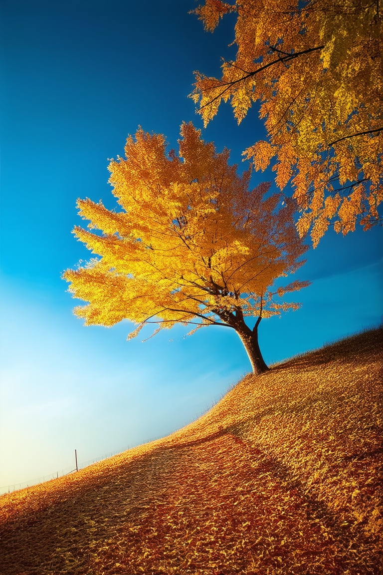 A serene autumn landscape: a golden-hued maple tree stands tall against a soft blue sky, its leaves rustling gently in the crisp air. A meandering path, lined with crunchy fallen leaves, disappears into the distance, surrounded by a tapestry of earthy tones and warm sunlight.