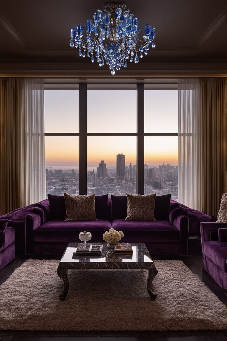 A stunning image of a lavish living room, with plush velvet couches wrapped in ornate golden frames, set against a backdrop of floor-to-ceiling windows framing the cityscape at sunset. Soft, warm lighting casts a gentle glow on the richly textured rug and gleaming marble coffee table. A regal chandelier hangs majestically above, its crystals refracting hints of blue and purple into the space. The overall atmosphere exudes opulence and refinement.