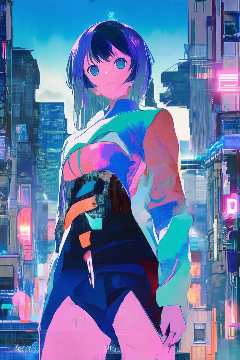 A vibrant digital artwork featuring a stylized anime character in a bold, mix-style aesthetic. The subject, dressed in a striking outfit with gradient colors and textured patterns, poses confidently against a cityscape backdrop at dusk. Soft pastel hues illuminate the scene, while neon lights and abstract shapes dance across the walls and buildings, creating a mesmerizing urban landscape.