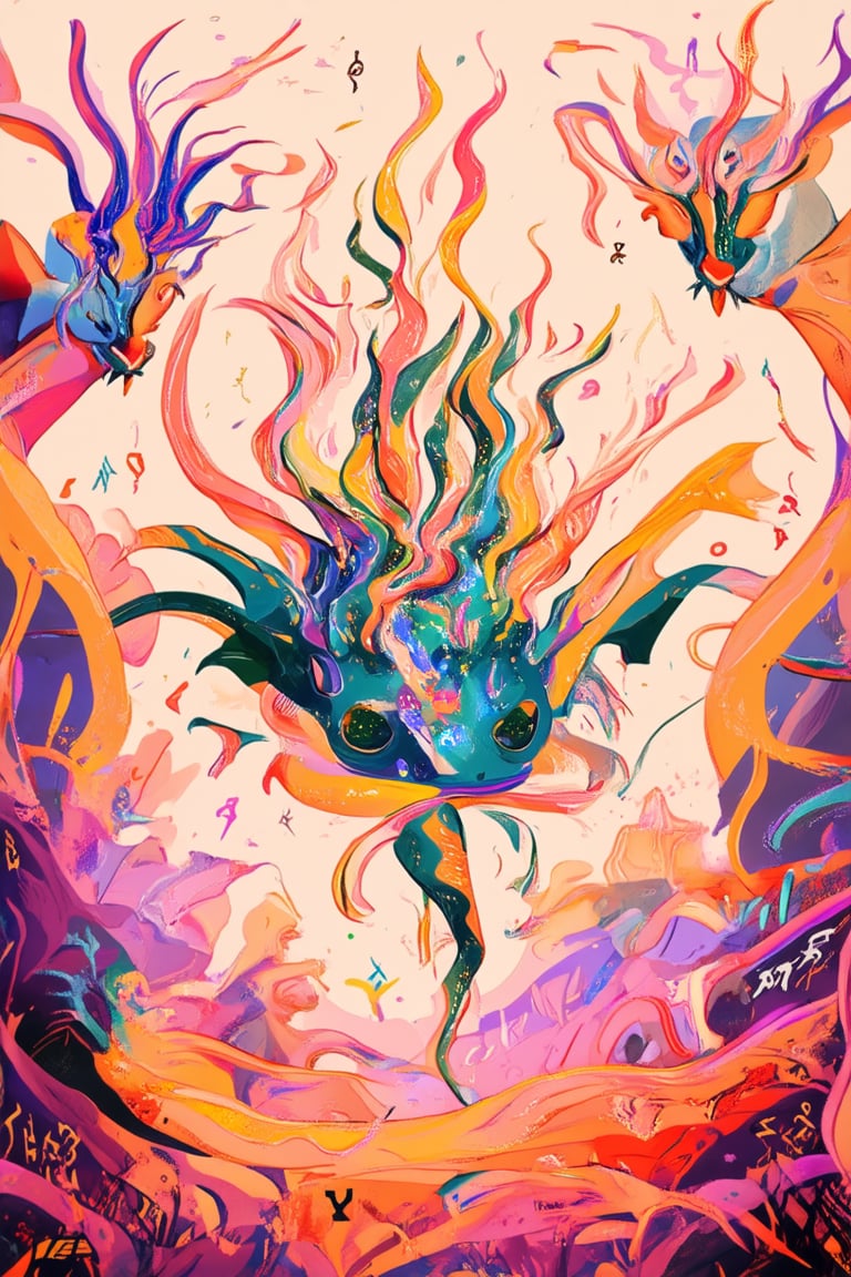 A whimsical illustration of enchanted flat art, showcasing a mystical realm within a 2D space. Vibrant colors and intricate details dance across the surface as fantastical creatures, mythical beasts, and ancient runes emerge from the flatness. Soft focus lighting casts an ethereal glow on the artwork's borders, subtly blending with the surrounding environment.