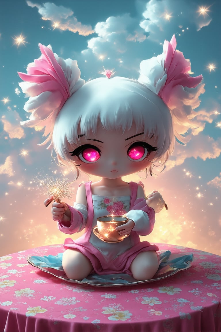 Up-close shot of a tiny, endearing Chibi character sitting on a miniature tablecloth with intricate floral patterns. Soft, warm lighting accentuates their bright eyes and rosy cheeks. The subject's pose is playful, with one hand holding a small tea cup and the other grasping a delicate, sparkly wand. Whimsical background of fluffy white clouds and pastel hues completes the scene.