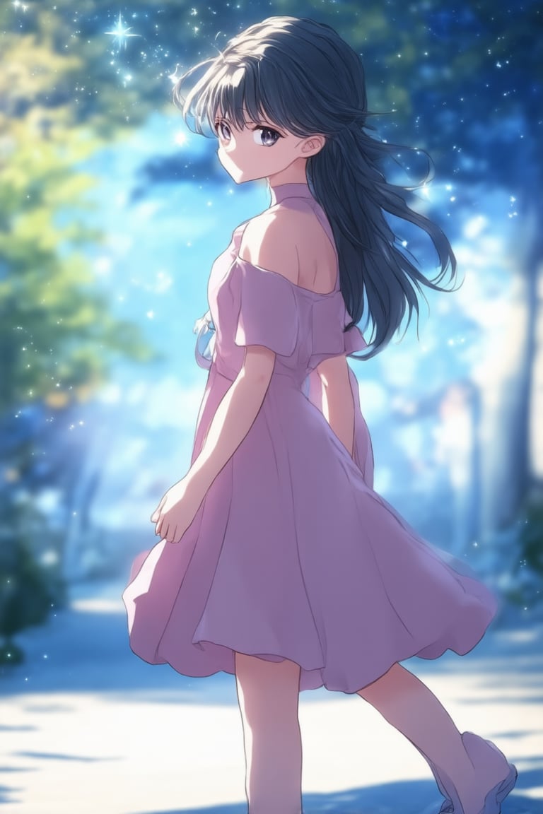 A close-up shot of a young anime-inspired girl standing confidently with her feet shoulder-width apart and her knees slightly bent, as if ready to spring into action. Her eyes are bright and bold, shining like stars in the dark. The camera captures her pose from directly in front, highlighting the vibrant colors of her outfit and the dynamic composition of her stance. Soft focus in the background creates a dreamy atmosphere.