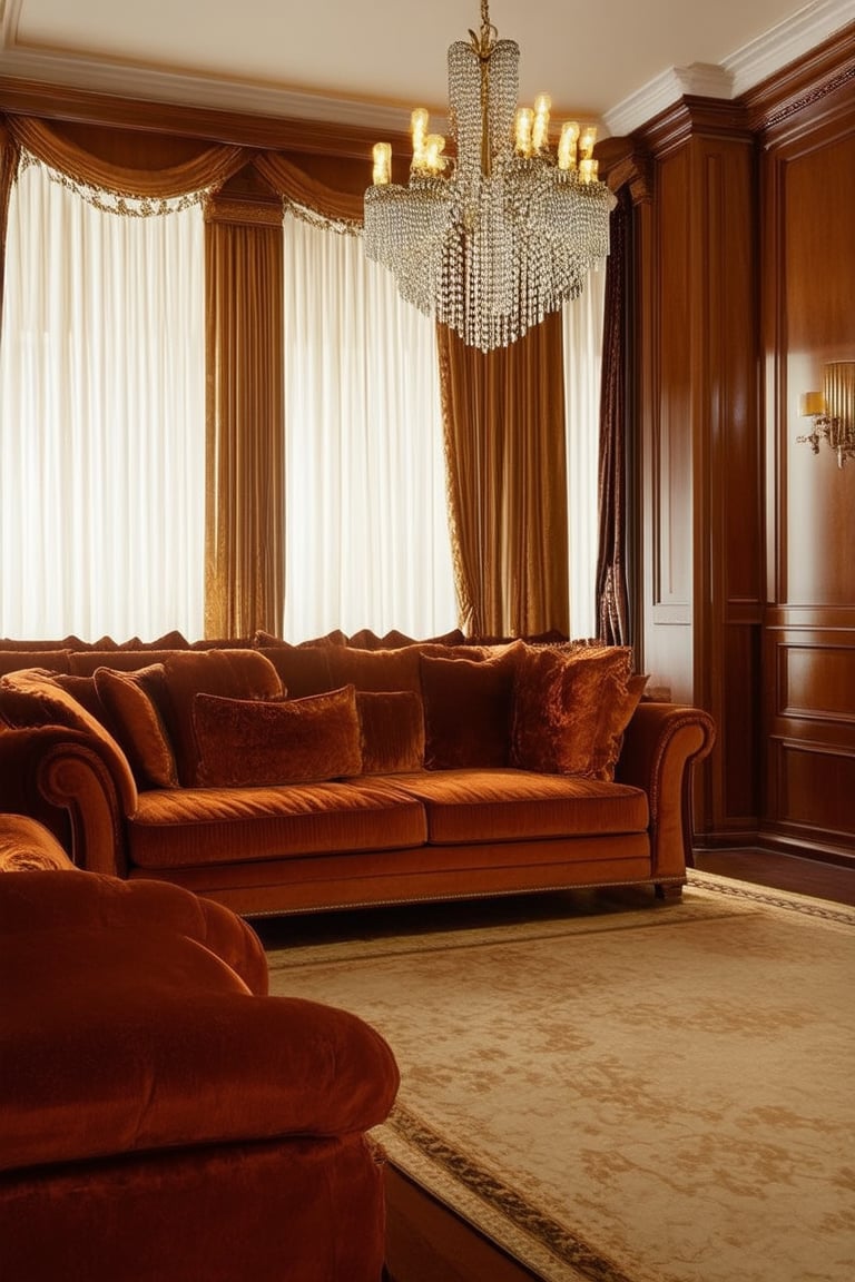 A sumptuous living room with rich wood accents and plush furnishings, bathed in warm golden light, features a majestic crystal chandelier hanging majestically from the ceiling, as a regal velvet sofa beckons with its inviting texture, amidst a backdrop of lavish drapes, all exuding luxurious opulence.