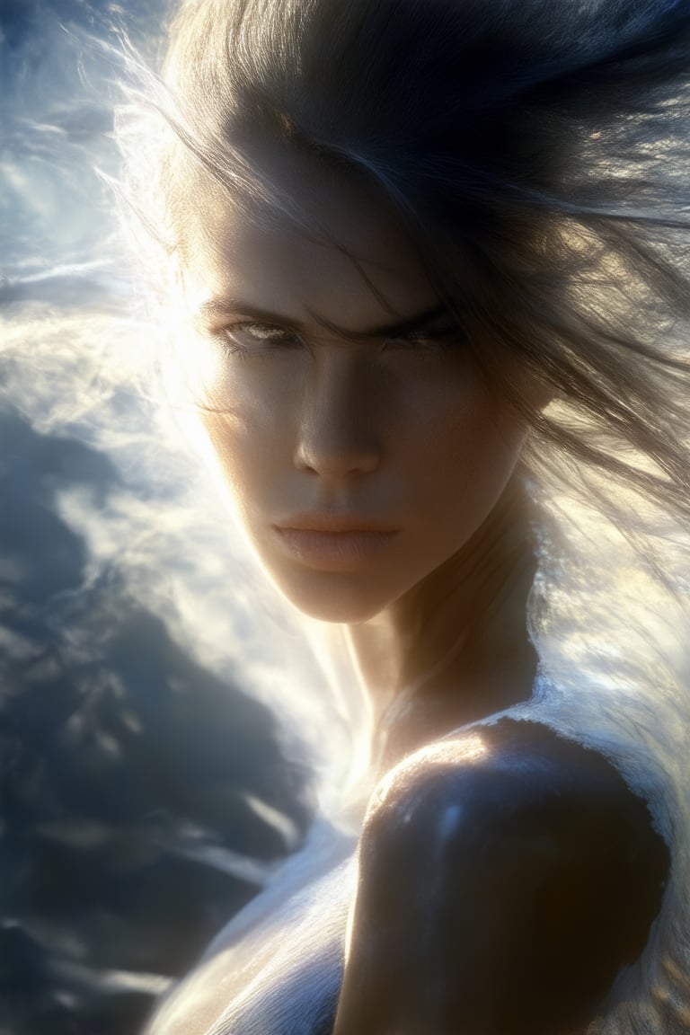 A woman's face contorts in a fierce expression of determination, her eyes blazing with an unyielding intensity as she stands at the edge of a rugged cliff, the wind whipping her hair into a frenzy. The sunlight casts dramatic shadows on her face, highlighting the sharp lines and planes that convey her unwavering resolve.