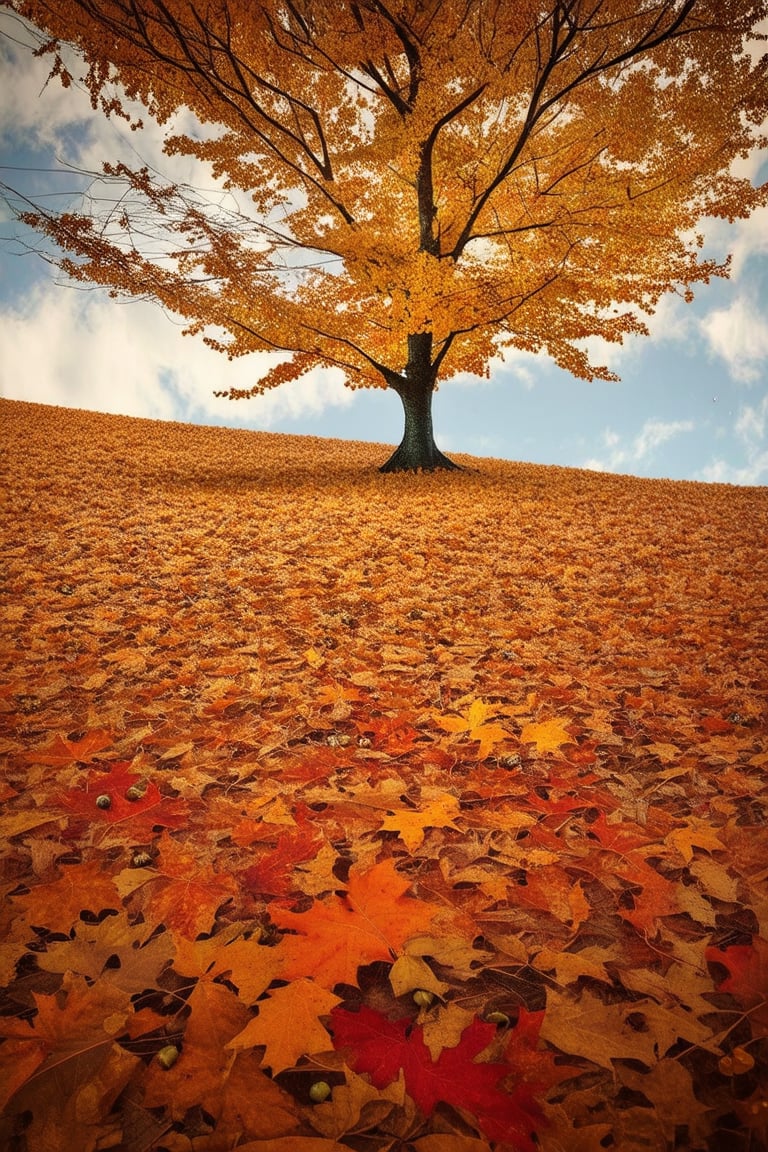 A warm and cozy autumn scene: a golden-hued tree stands tall in the frame, its branches stretching towards the soft focus sky, where wispy clouds drift lazily. The ground beneath is a tapestry of crunchy leaves in shades of orange, red, and yellow, with a few scattered acorns adding texture to the composition.