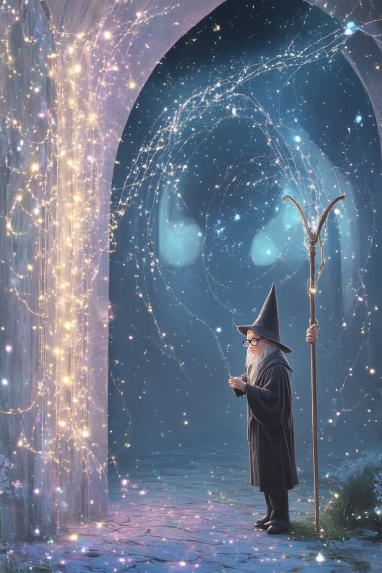 A whimsical illustration of a mystical realm, where twinkling fairy lights dance across a wispy, ethereal mist. A diminutive, bespectacled wizard stands at the edge of a glowing portal, staff in hand, with a look of wonder on their face as they gaze into the shimmering veil. Soft, golden lighting illuminates the scene, with subtle hints of blue and purple to evoke a sense of enchantment.