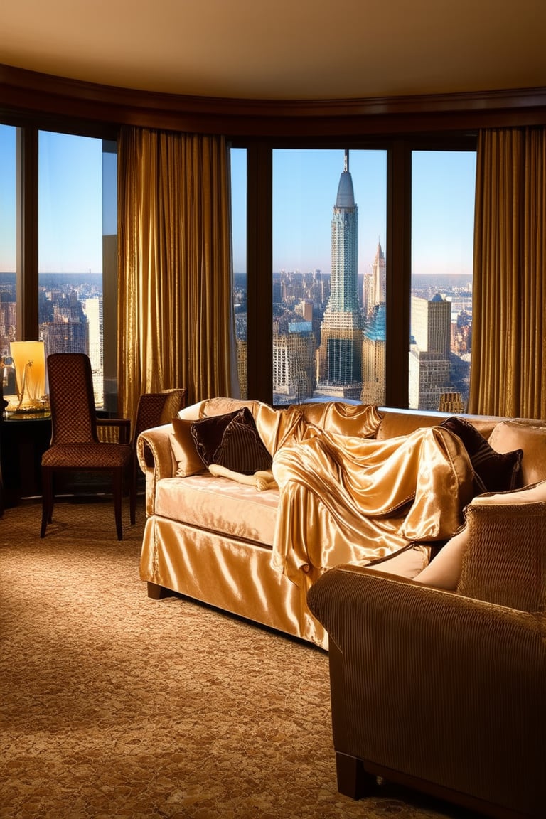 A sumptuous penthouse suite with plush carpets and marble accents, bathed in warm golden light. A regal figure, draped in a flowing silk robe, lounges on a velvet sofa, surrounded by opulent furnishings and breathtaking city views.