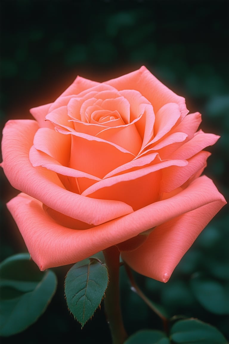 A close-up shot of a fiery pink rose in full bloom, its petals ablaze with intense coloration against a dark green leafy background. Soft natural light illuminates the rose's velvety texture, accentuating its vibrant hue and delicate wisps of stamens.