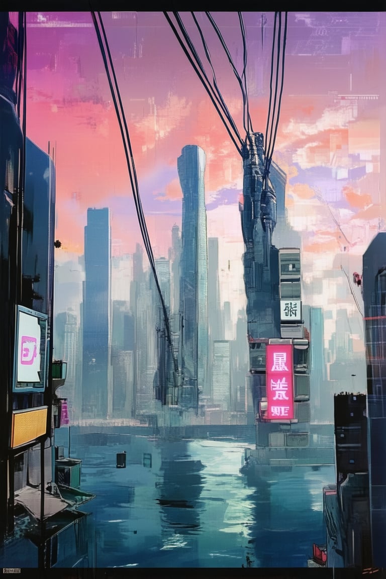 Vibrant digital artwork in Anime MixStyle: A stylized illustration of a futuristic cityscape at sunset, with sleek skyscrapers and neon-lit billboards reflecting off the misty waters below. The scene is framed by a subtle grid of wires and cables, hinting at the urban jungle's intricate infrastructure.