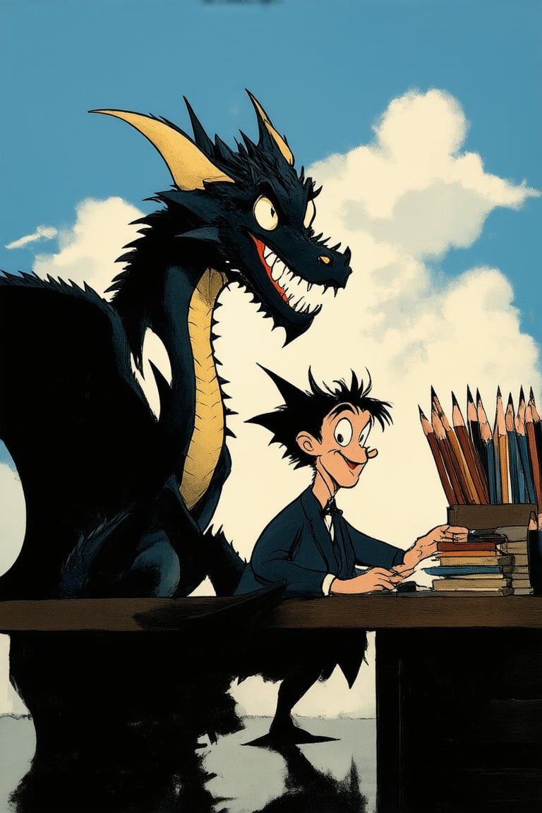 A whimsical animation studio set against a bright blue sky with fluffy white clouds, featuring Don Bluth's iconic character designs and nostalgic charm. A warm golden light illuminates the bustling workspace, where animators' pencils scratch out imaginative storylines. In the center, a majestic dragon from 'Dragon's Lair' roars to life, as Don Bluth himself looks on proudly.