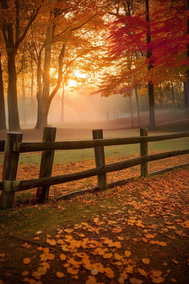 Golden light of sunset casts a warm glow on a serene autumnal scene: a rustic wooden fence weaves through a landscape of vibrant orange and yellow leaves, with crimson maples towering in the background. A gentle mist rises from the forest floor, as nature's final dance before winter's slumber begins.