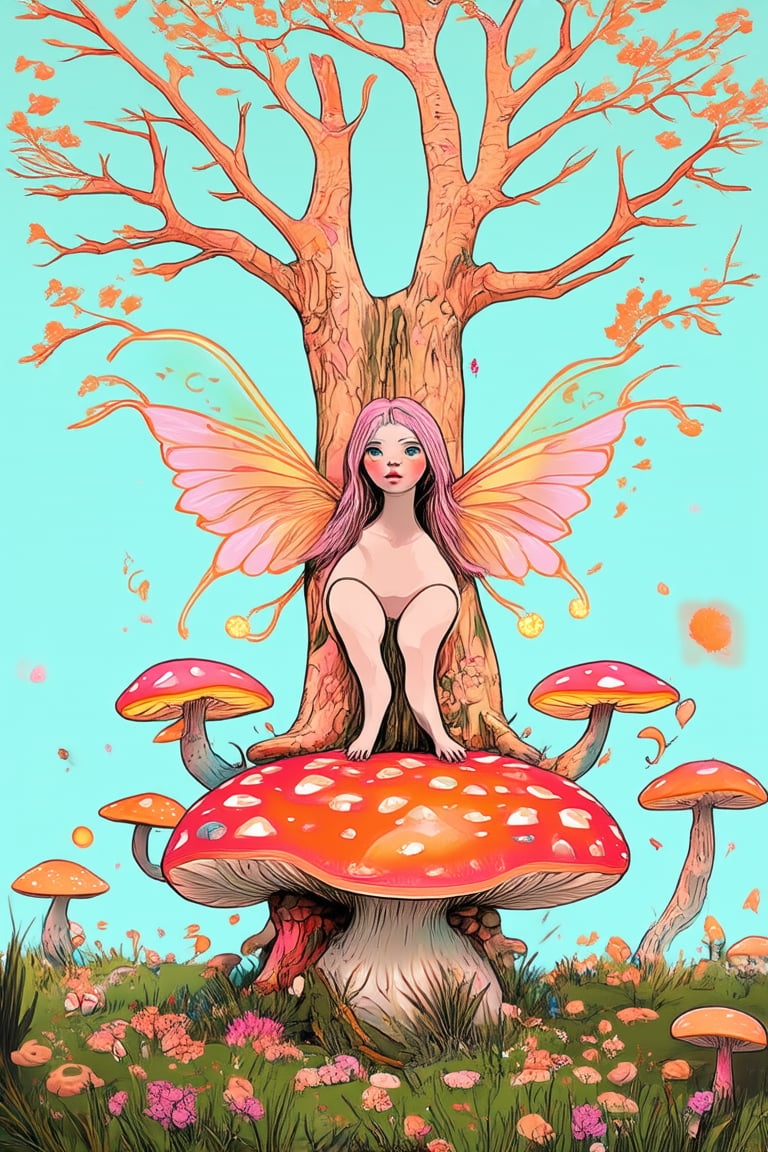 A whimsical scene unfolds in a flat art style. A mystical forest comes alive with vibrant colors and intricate details. Amidst towering mushrooms and ancient trees, a gentle faerie perches on a toadstool throne, her delicate wings glowing with an ethereal light. The background is a soft, gradient blue, evoking a sense of calm wonder.