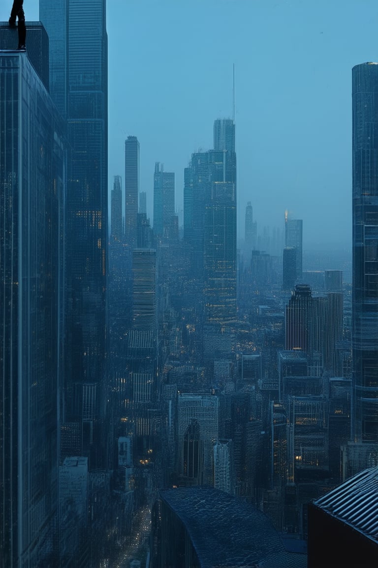 A dark blue-hued cityscape at dusk, with towering skyscrapers and bustling streets in sharp focus. The urban landscape is bathed in a somber, muted light, as if the very sky itself has been drained of color. A lone figure stands atop one of the structures, backlit by a faint glow, their features obscured by the shadows.