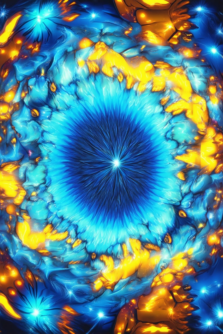 A kaleidoscope of colors bursts forth in a vibrant effect: swirling patterns of electric blue and sunshine yellow dance across a canvas of brilliant white, as if the very essence of joy has been distilled into a mesmerizing visual symphony.