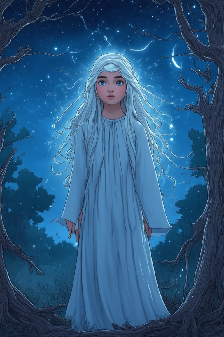 A mystical mama stands amidst a whimsical forest, her long hair blowing in the moonlit breeze as she gazes up at the starry sky. Her eyes sparkle with an otherworldly intensity, surrounded by wispy tendrils of mist that seem to carry ancient secrets. The trees' gnarled branches twist and curl around her, forming an ethereal frame for this mystical maternal figure.