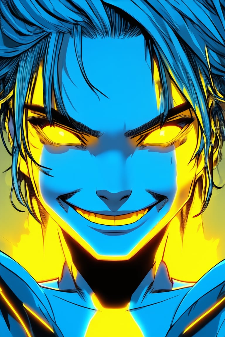 A close-up shot of Solak's face, with vibrant yellow coloring their bright smile. The warm light source casts a gentle glow on their cheeks, highlighting the texture of their skin. The composition is simple yet effective, with Solak's eyes and nose centered in the frame, drawing attention to their radiant expression.