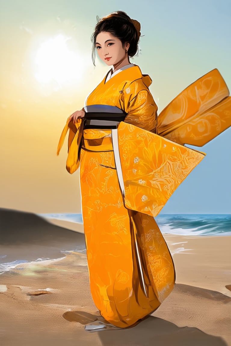 A vibrant yellow Hakame posing against a warm sandy beach, with gentle waves lapping at their feet. The sunlight casts a golden glow, highlighting the intricate patterns on their kimono as they stand confidently, one hand holding a traditional Japanese fan. The background blurred, focusing attention on the subject's elegant demeanor and bright attire.