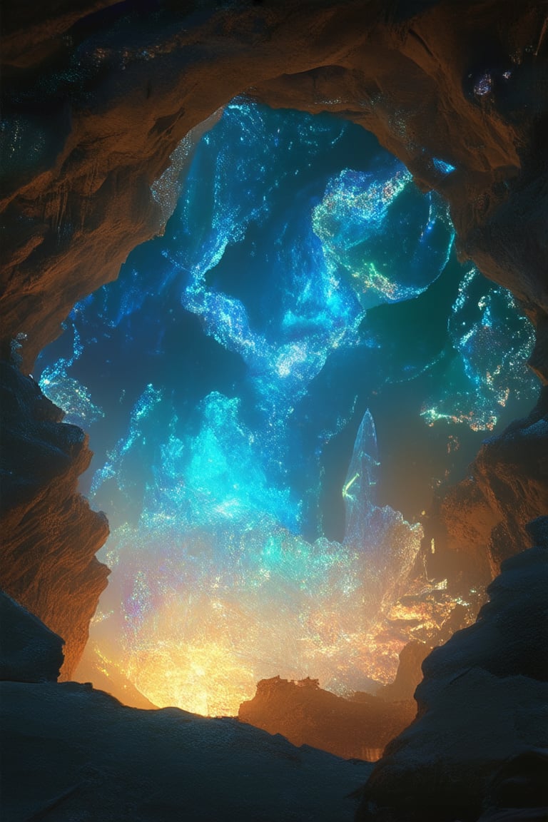 A mystical cave illuminated by an ethereal glow emanates from a cluster of luminescent crystals suspended from the ceiling, their delicate facets refracting light into shimmering patterns. The air is filled with an otherworldly energy as the crystals pulse with an inner radiance, casting an iridescent glow on the surrounding stone walls and ancient ruins.