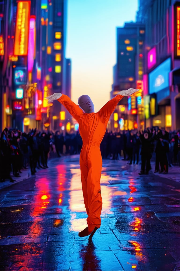 A bold and colorful cinematic shot of a whimsical cityscape at sunset, with vibrant neon lights reflecting off the wet pavement, casting a kaleidoscope of hues across the surrounding buildings. A lone street performer in a bright orange jumpsuit stands amidst the lively atmosphere, executing a daring acrobatic stunt as onlookers cheer and snap photos.