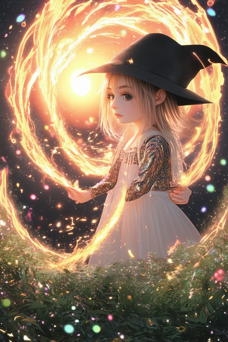 A whimsical illustration depicts a young witch standing amidst a swirling vortex of colorful sparks, her hands weaving intricate patterns as she conjures a WonderMagic spell. The setting sun casts a warm orange glow on the mystical scene, with lush greenery and twinkling stars in the background. The witch's eyes shine bright with wonder, surrounded by a soft golden aura.