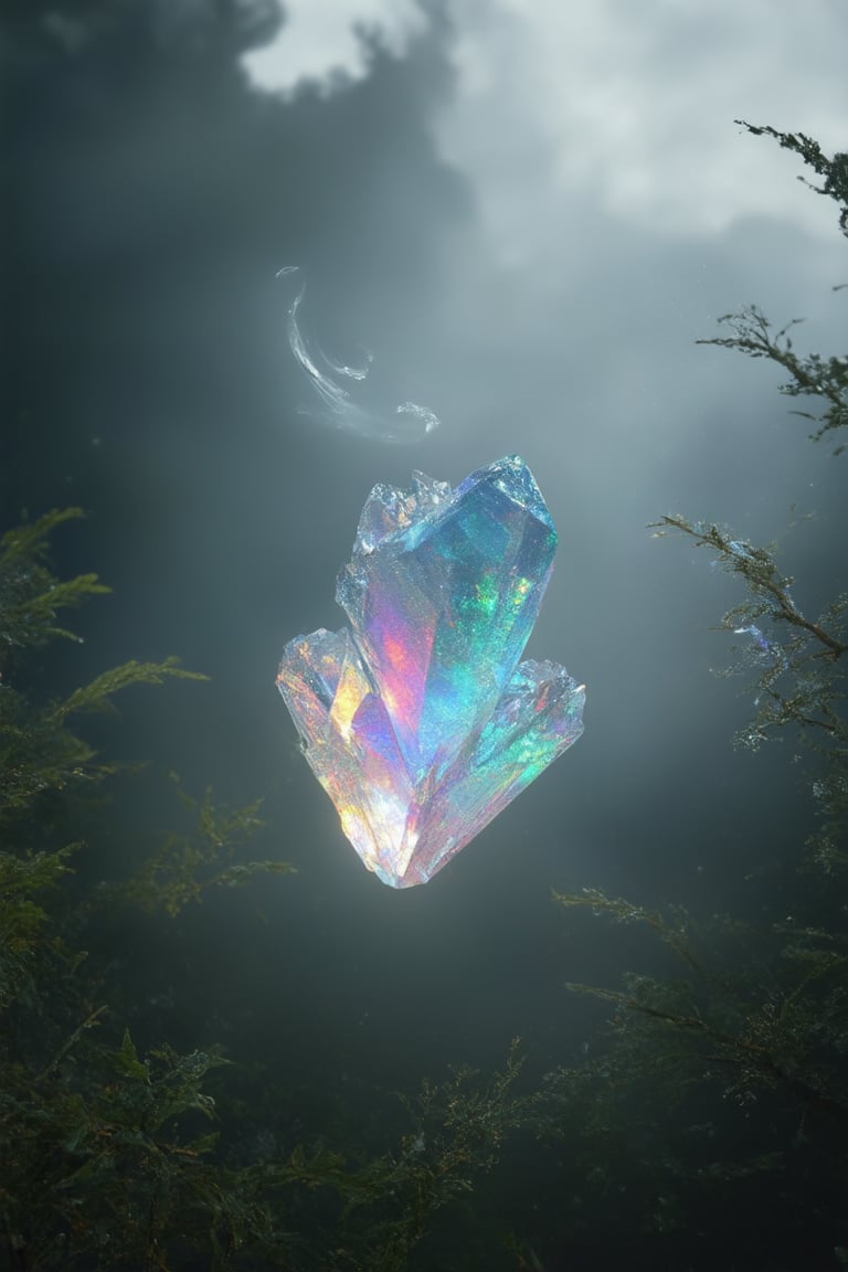 Vibrant, iridescent crystals suspended in mid-air, radiating a mesmerizing glow against a dark, misty forest backdrop. Soft, luminescent hues illuminate the surrounding foliage, casting an ethereal ambiance. A few stray strands of fog swirl around the crystals, adding to their otherworldly allure. The camera captures this mystical scene from a low angle, emphasizing the crystals' towering presence.