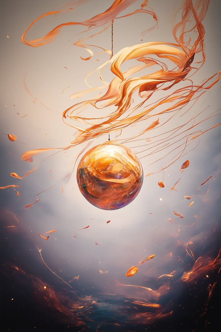 A whimsical scene unfolds on a flat, matte canvas: vibrant colors dance across the mystical realm of 'Magical Flat Art'. Soft, golden lighting bathes the dreamlike landscape, where wispy tendrils of smoke swirl around ethereal creatures, their forms fluid and undefined. In the center, a delicate, glowing orb suspended by threads of iridescent silk floats amidst swirling mist.