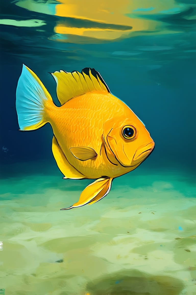 A vibrant yellow Hakame fish swims in a serene aquatic environment, its scales glistening under soft sunlight that filters through the water's surface. The camera captures the fish's majestic pose, its fins and tail entwined as if in mid-dance, against a subtle gradient of blues and greens, evoking a sense of calm and tranquility.