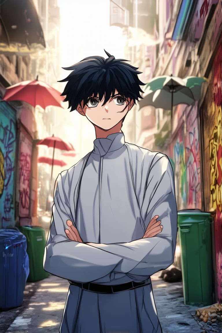 A youthful anime protagonist stands confidently in a bright, sunlit alleyway, arms crossed and eyes narrowed with determination. Vibrant graffiti adorns the walls, while trash cans and discarded umbrellas are strewn about the floor. The subject's bold hairstyle and striking outfit pop against the muted urban backdrop.