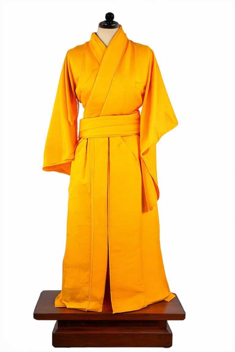 A vibrant yellow Hakama, a traditional Japanese coat, is carefully draped over a wooden pedestal, its folds neatly arranged to accentuate its bright color. Soft natural light pours in from the left, casting a warm glow on the fabric's subtle texture. The camera frames the Hakama against a plain white background, emphasizing its pop of color and simplicity.