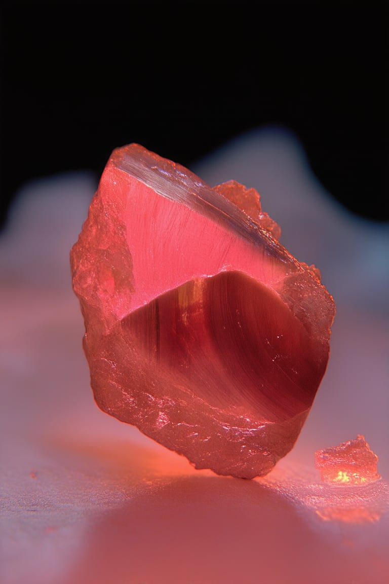 A close-up shot of a fiery pink tiger's eye gemstone, set against a dark, mysterious backdrop, with dramatic lighting casting a warm glow. The stone's vibrant color seems to pulse with an inner intensity, as if it's about to burst forth from its setting.