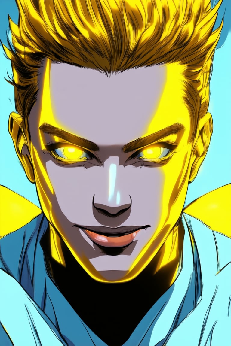 A bright and bold close-up shot of Solak's face, with vibrant yellow color dominating the frame. The warm tone illuminates their features, casting a golden glow on their skin. The yellow hues are evenly distributed across their face, accentuating their smile and eyes. The subject is posed in a neutral expression, allowing the striking color to take center stage.