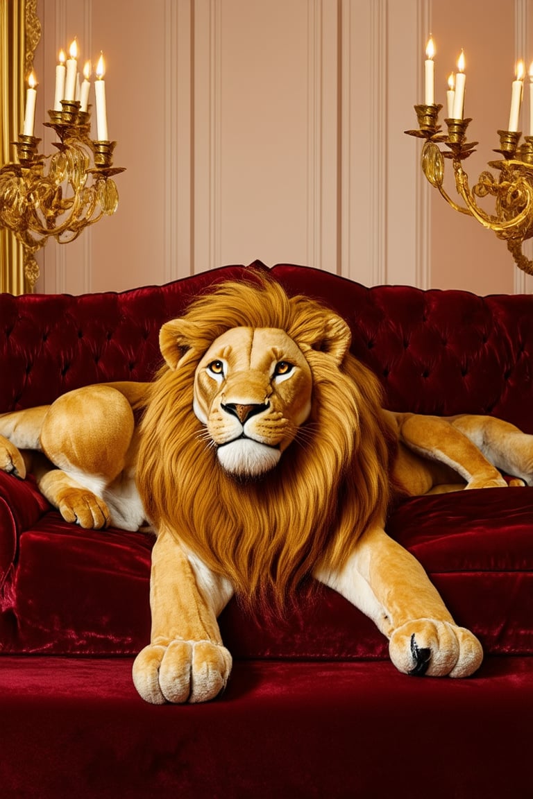 A majestic opulence! A velvety soft blanket of plush fur wraps around a regal figure, a majestic lion lounging on a sumptuous velvet sofa. The warm glow of candelabras casts a golden ambiance, highlighting the lion's luscious mane and piercing eyes as it lazily stretches its powerful paws.