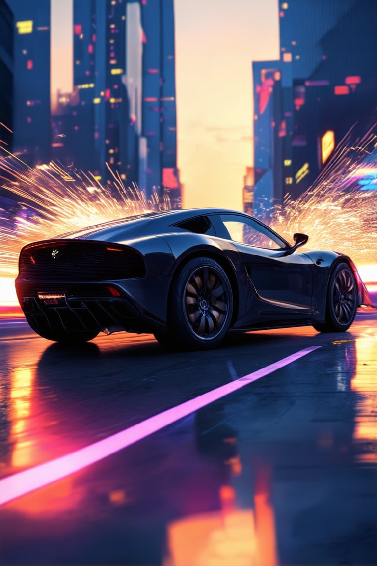 A futuristic cityscape at sunset with vibrant neon lights reflecting off wet pavement, creating a kaleidoscope of colors. A sleek black sports car zooms down the highway, tires screeching as it takes a sharp turn, leaving a trail of sparks behind. The surrounding skyscrapers glow with a radiant energy, casting long shadows across the asphalt.