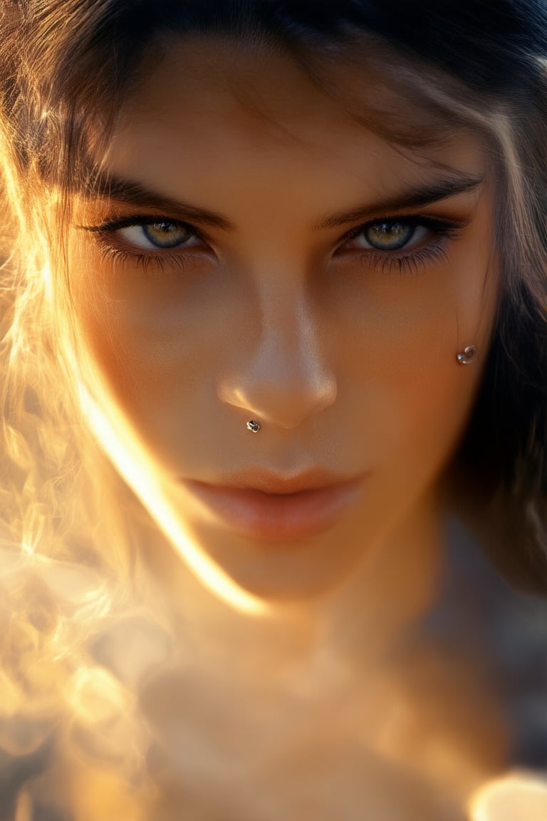 A powerful expression dominates a close-up shot of a young woman's face, lit by a warm golden light that accentuates her determined gaze and furrowed brow. Her eyes seem to burn with an inner intensity, as if fueled by a deep passion or conviction, drawing the viewer in with their piercing depth.