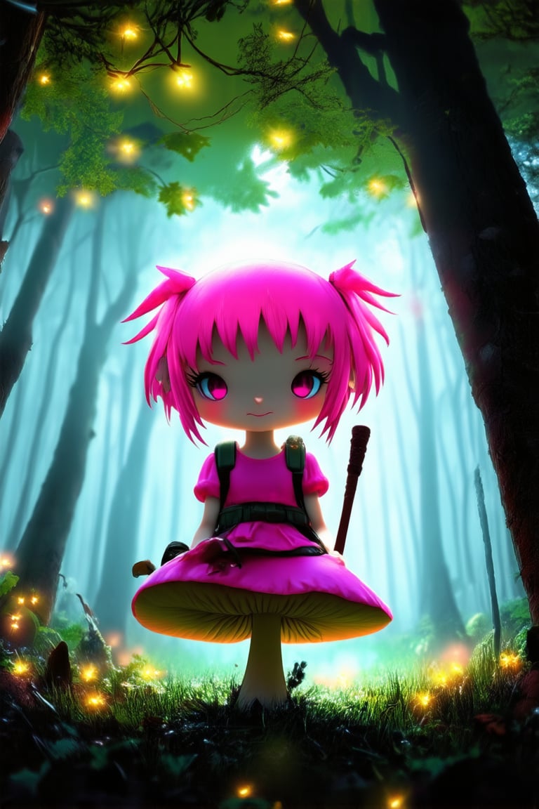 A whimsical chibi character sits on a mushroom in a lush forest clearing, sunlight filtering through the trees above. Softly glowing fairy lights adorn their bright pink hair, which bounces with each excited nod. Their matching pink dress flows like mist around them, with a tiny backpack and walking stick at the ready for adventure.