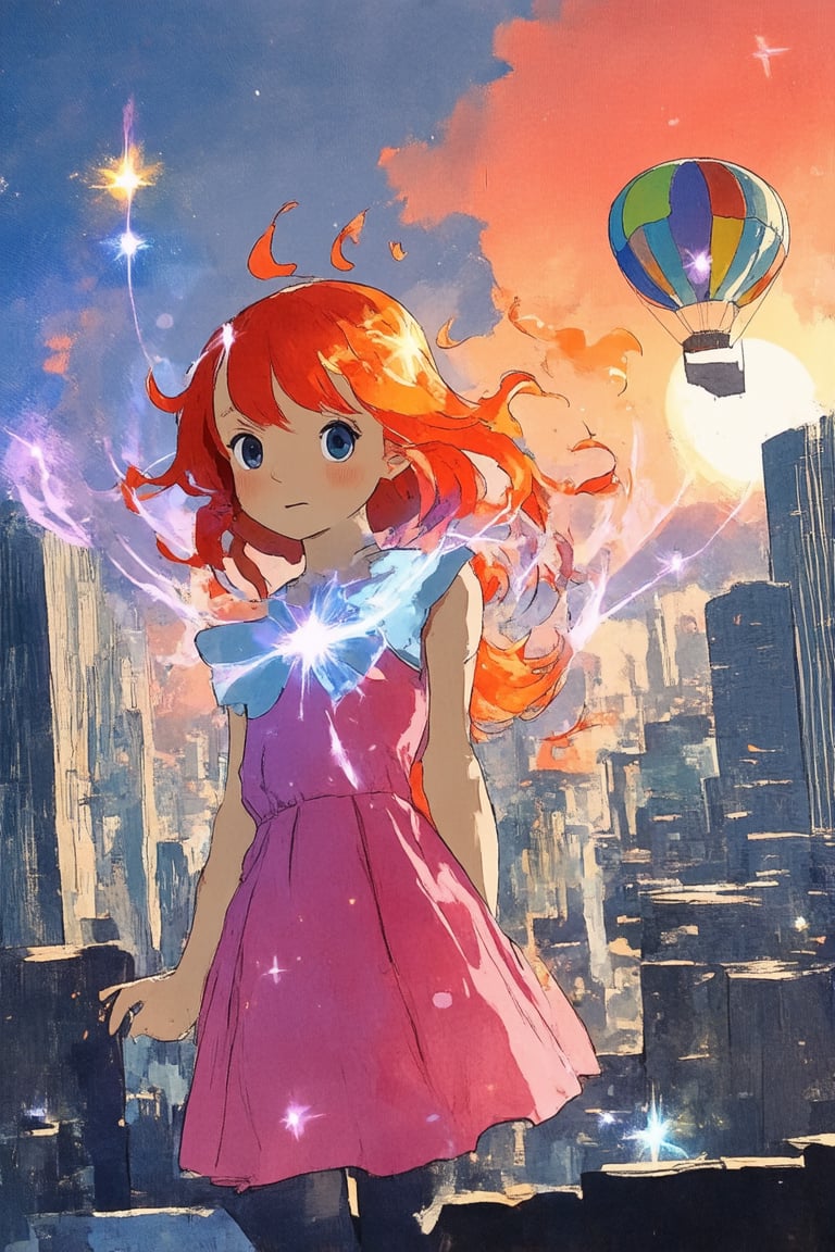 A vibrant mix of anime styles comes together in a harmonious blend of bold lines, soft watercolors, and playful textures. A young girl with fiery red hair and bright pink dress stands confidently against a whimsical cityscape at sunset, with skyscrapers and hot air balloons painted in warm hues. Dynamic action lines swirl around her as she holds a glittering star-shaped wand, radiating energy and joy.