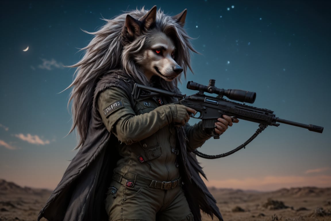 A 28 year old special forces elite woman, rugged clothing suitable for the rigors of war, complemented by a long cloak that billows behind her in the strong wind. She is armed with a sniper rifle. night time, in the desert,Loona Hellhound,photorealistic 