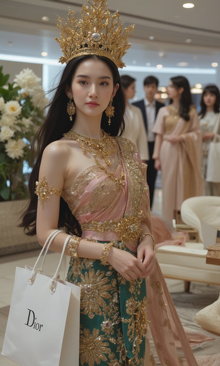 A beautiful Thai woman with a graceful figure,  long flowing black hair,  and wearing a traditional Ayutthaya-style Thai c...