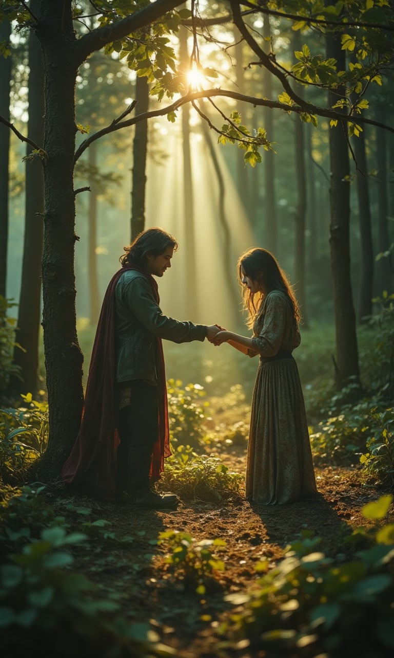 Prompt: "Visualize a moment that embodies trust and faith between two people. Imagine a quiet forest clearing at dawn,  wh...